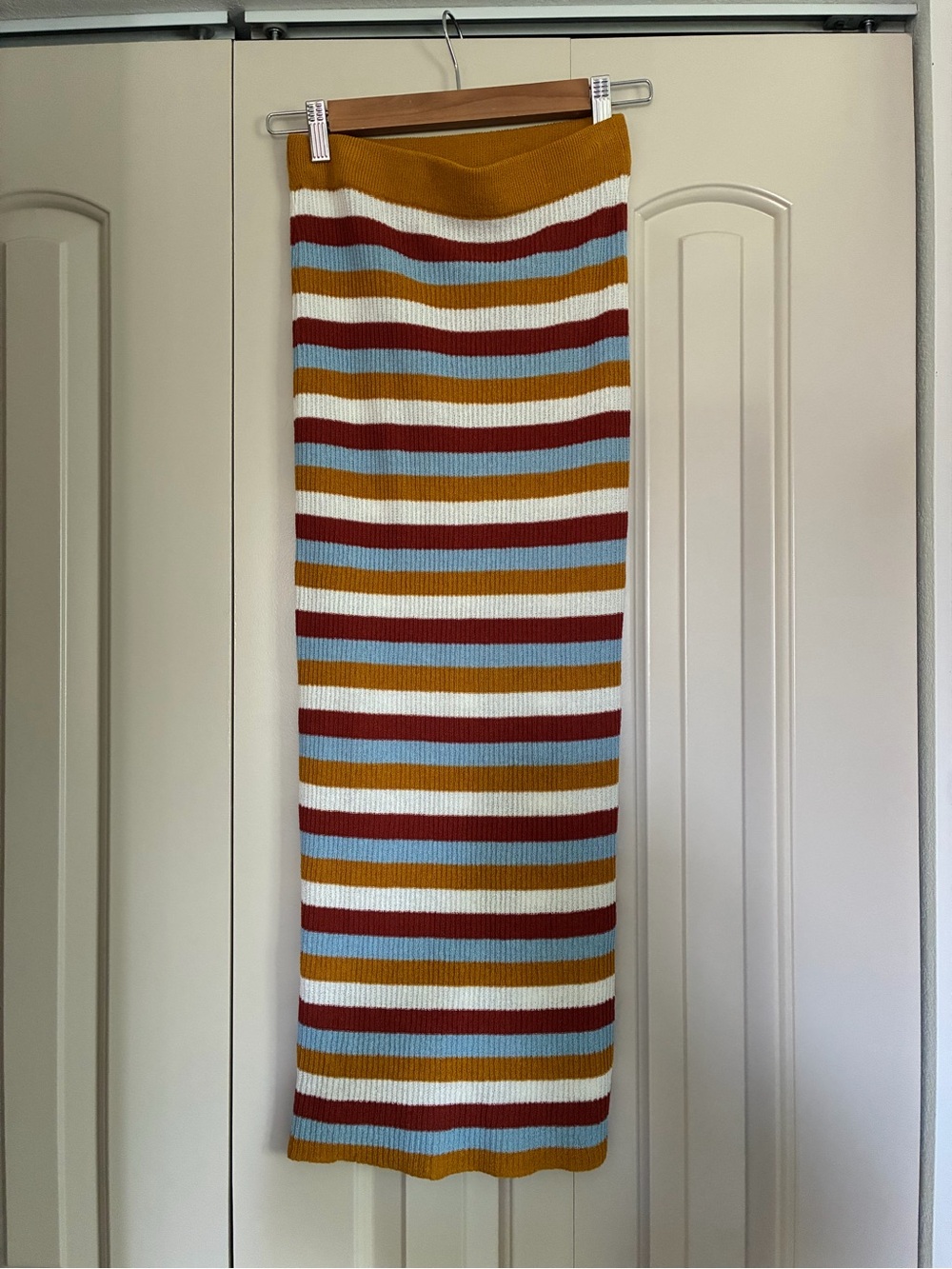 Zara Striped Ribbed Maxi Skirt in Mustard, Rust, Cream & Light Blue